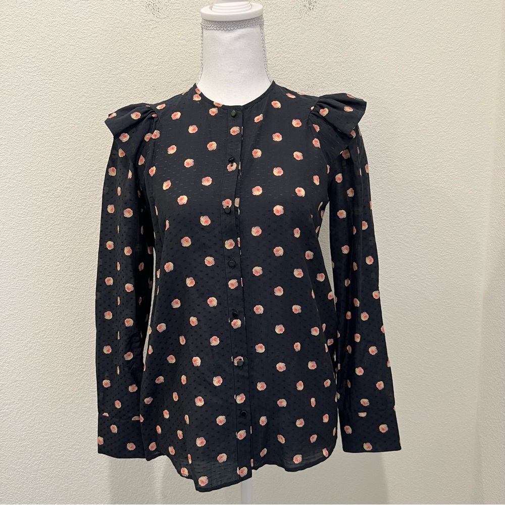 Vilshenko Rose Print Cotton Silk Blouse Black Floral Ruffle Shoulder Size 6